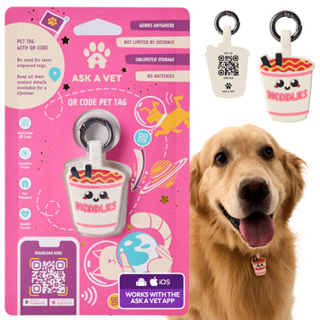 ASK A VET Noodles Pet ID Tag – NFC & QR Code Silicone Dog & Cat Tag – Hanging & Slide-On Digital Smart Tag – Waterproof, No Battery