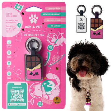 ASK A VET Chocolate Bar Pet ID Tag – Pink & Purple Variants – NFC & QR Code Silicone Dog & Cat Tag – Hanging & Slide-On Digital Smart Tag – Waterproof, No Battery