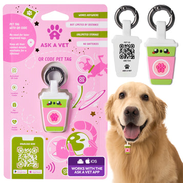ASK A VET Sakura Matcha Latte Pet ID Tag – NFC & QR Code Silicone Dog & Cat Tag – Hanging & Slide-On Digital Smart Tag – Waterproof, No Battery