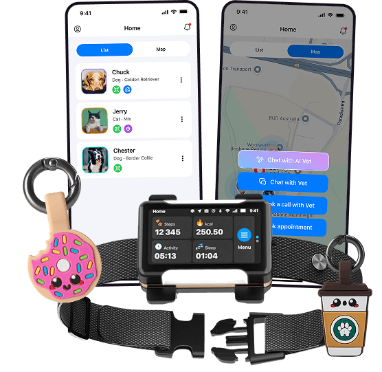 Two phones showing the Ask A Vet pet list and live map beside a tracker collar and ID tags