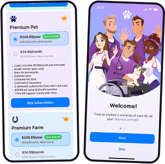 Two phones showing the Ask A Vet subscription plans and the app welcome screen