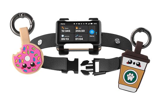 An Ask A Vet GPS tracker collar between a doughnut and a coffee-cup pet ID tag