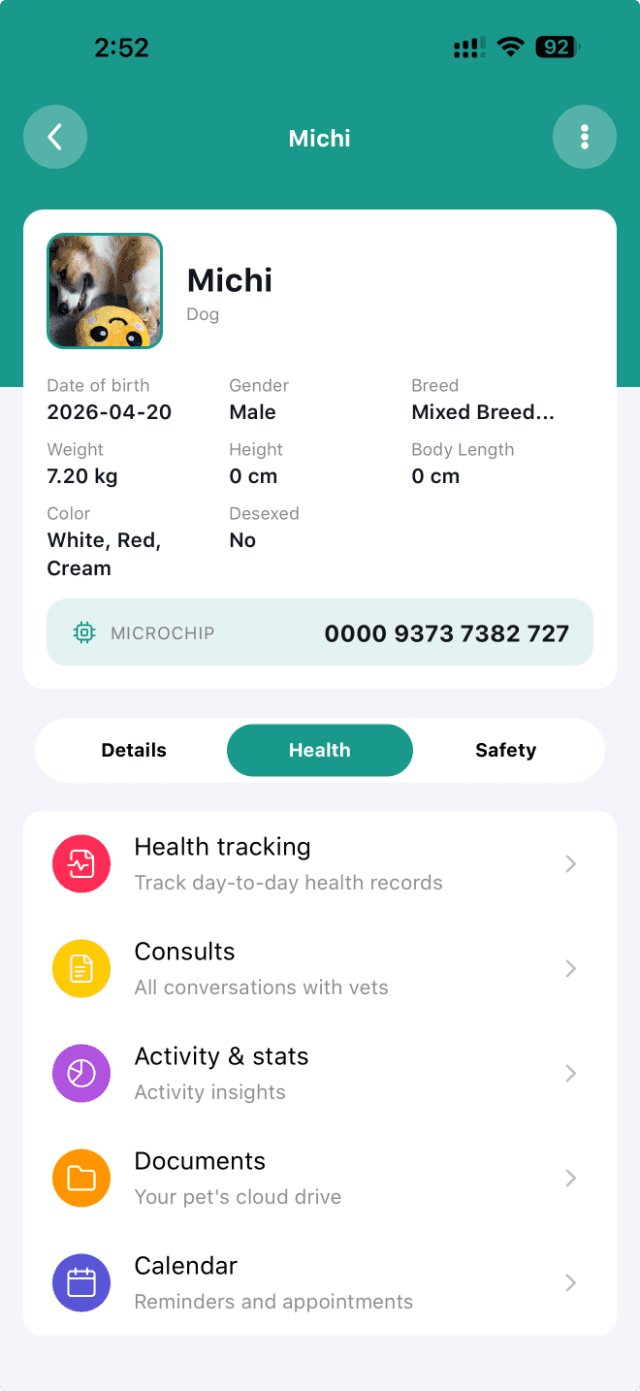Pet health profile with records, documents and calendar