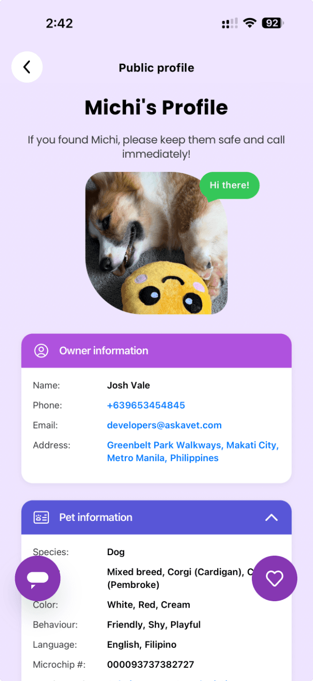 Public pet profile a finder sees