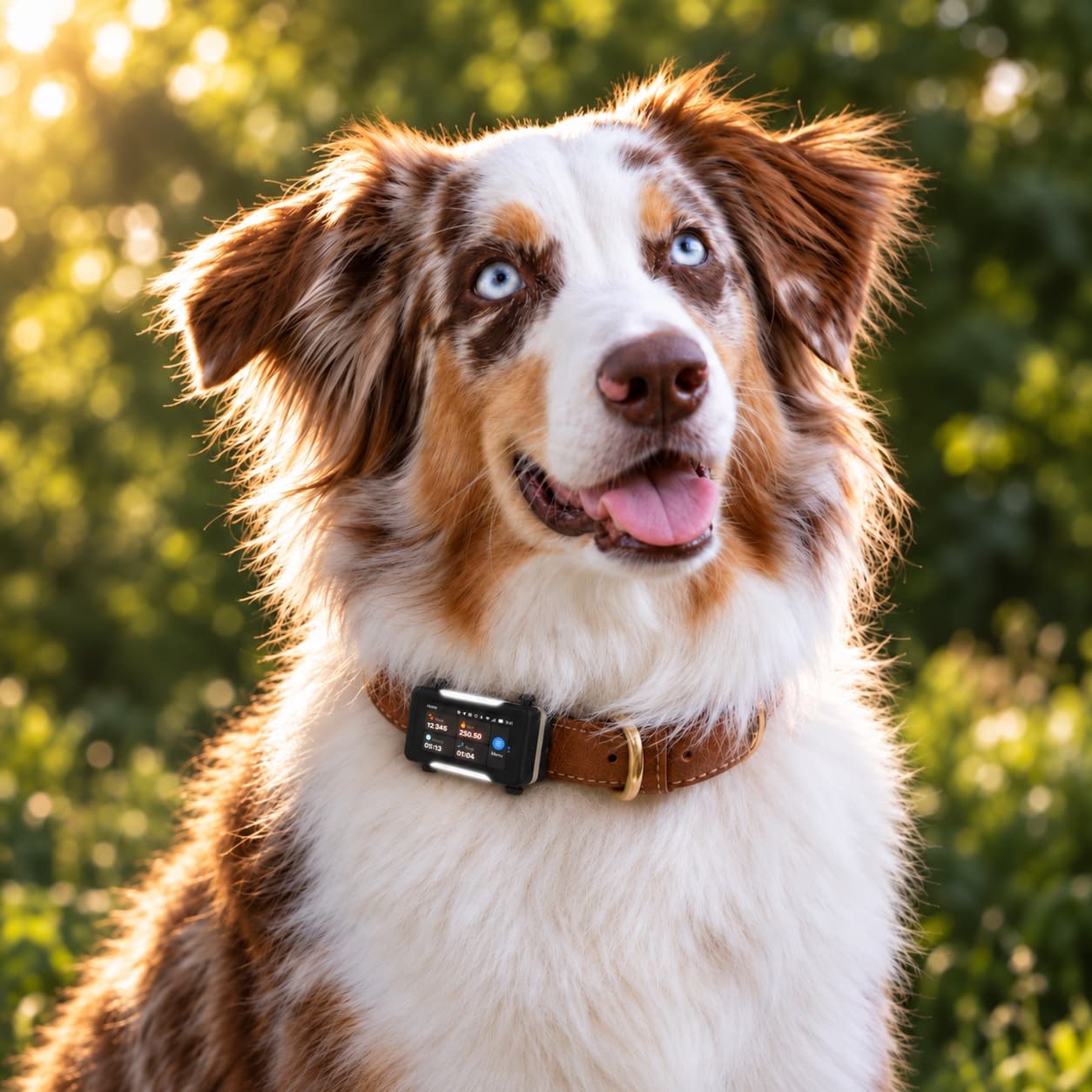 Australian Shepherd wearing the GPS tracker, its screen showing steps, calories, activity and sleep