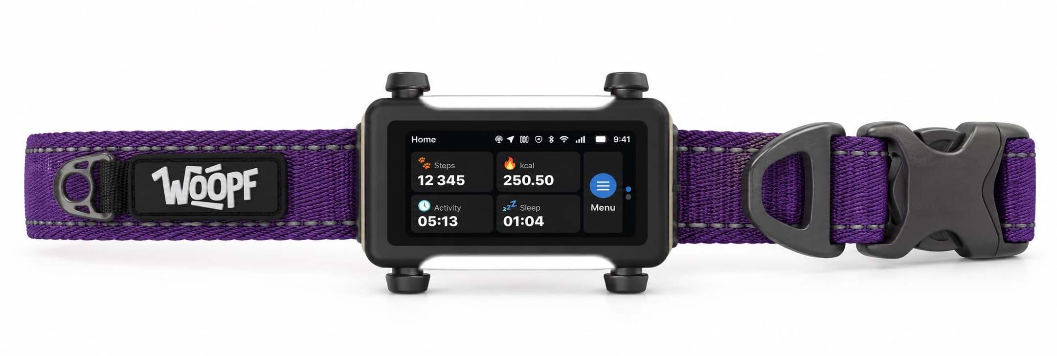 The GPS tracker mounted on a purple collar, screen showing steps, calories, activity and sleep