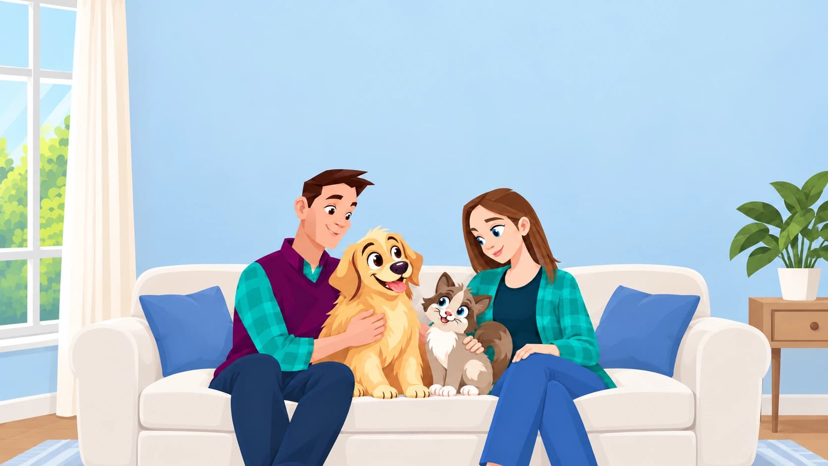 Family on the couch with their dog and cat