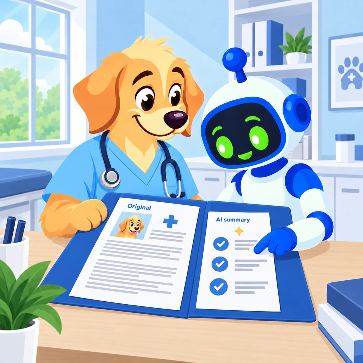 Dog vet and the AI assistant reviewing a document folder with an original and an AI summary