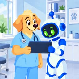 Illustration of the AI Vet assistant and a dog vet reviewing a tablet