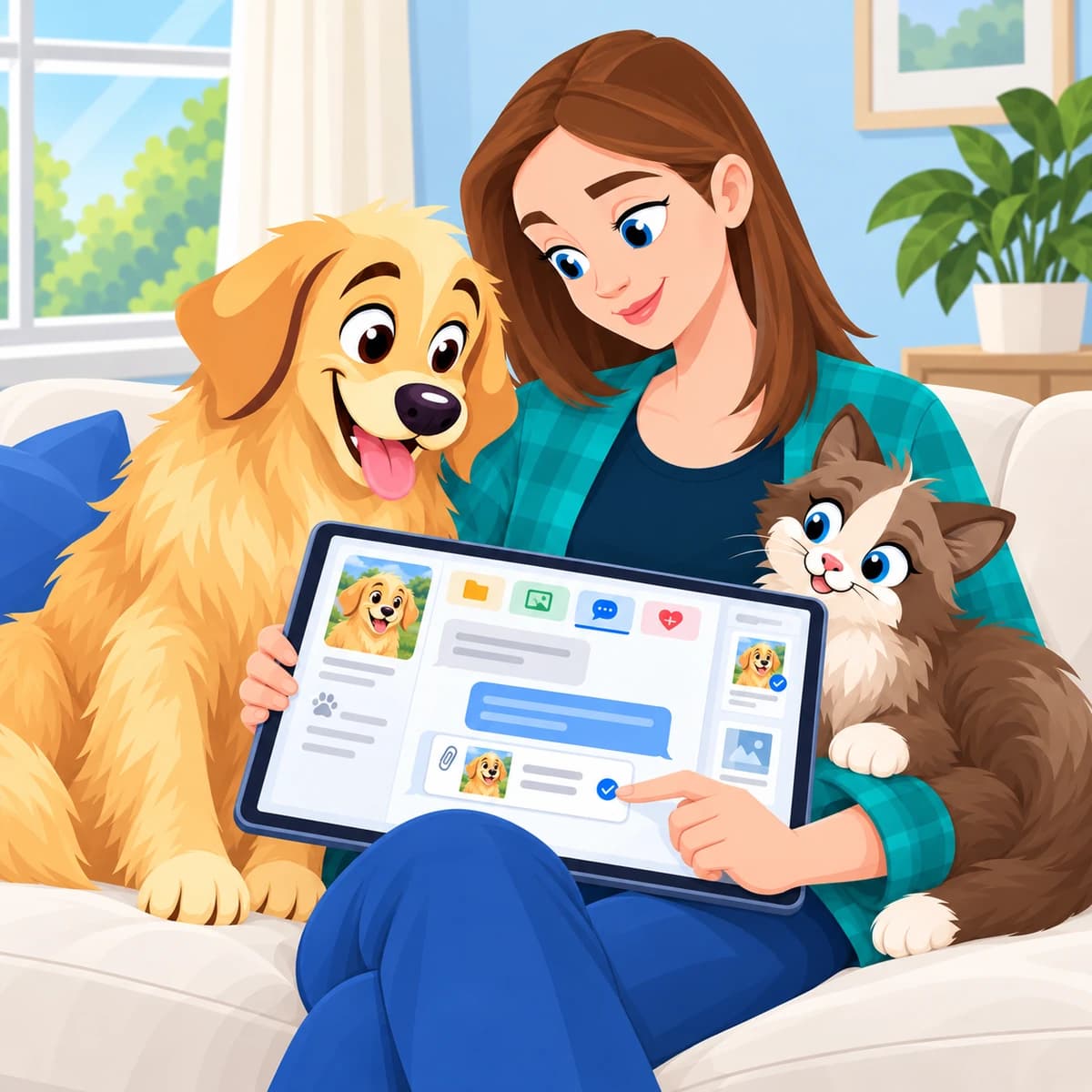 Owner browsing her pet's profile, chats and files on a tablet with her dog and cat