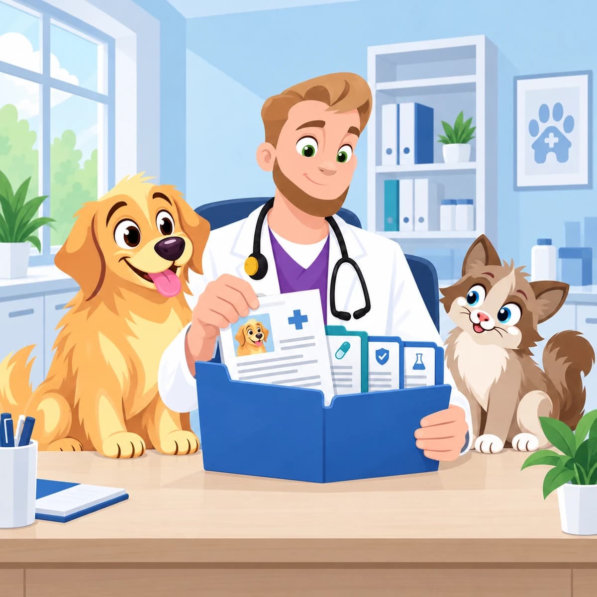 Vet filing pet documents into a folder with a dog and cat beside him