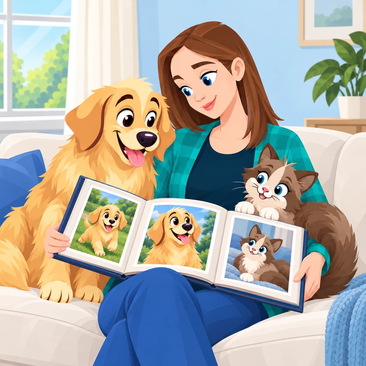 Owner looking through a photo album with her dog and cat