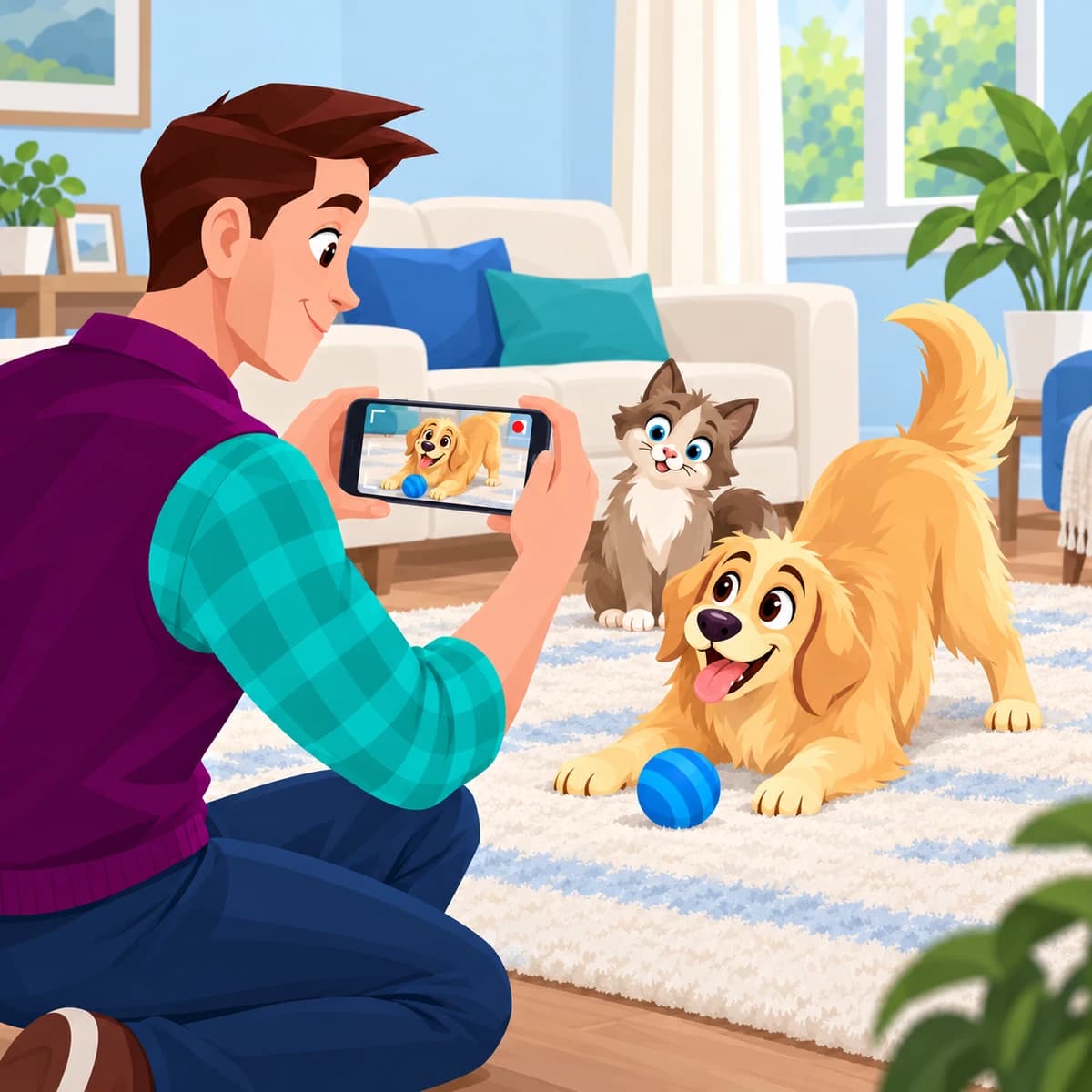 Owner filming his dog playing with a ball