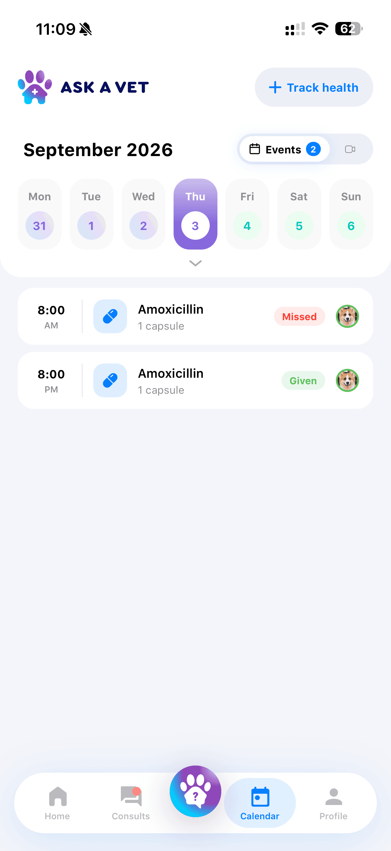 ASK A VET app — medication calendar