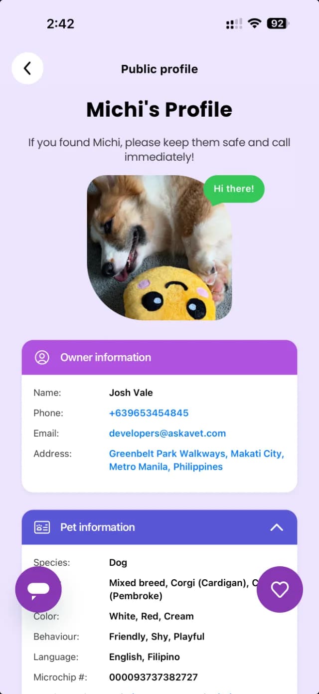 Public pet profile a finder sees