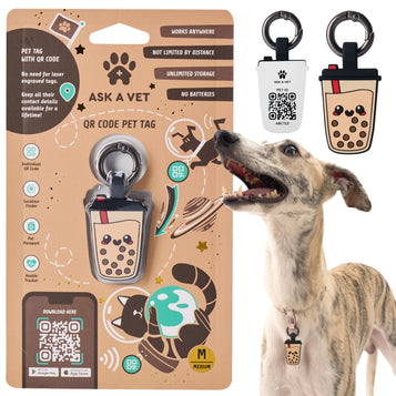 ASK A VET Bubble Tea Pet ID Tag – NFC & QR Code Silicone Dog & Cat Tag – Hanging & Slide-On Digital Smart Tag – Waterproof, No Battery