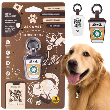 ASK A VET StarPups Coffee Pet ID Tag – NFC & QR Code Silicone Dog & Cat Tag – Hanging & Slide-On Digital Smart Tag – Waterproof, No Battery