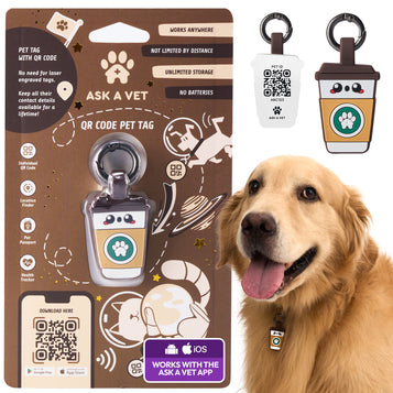 ASK A VET StarPups Coffee Pet ID Tag – NFC & QR Code Silicone Dog & Cat Tag – Hanging & Slide-On Digital Smart Tag – Waterproof, No Battery