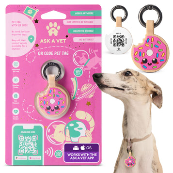 ASK A VET Donut Pet ID Tag – Pink Icing & Rainbow Sprinkles – NFC & QR Code Silicone Dog & Cat Tag – Hanging & Slide-On Digital Smart Tag – Waterproof