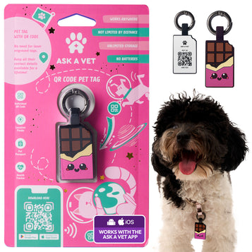 ASK A VET Chocolate Bar Pet ID Tag – Pink & Purple Variants – NFC & QR Code Silicone Dog & Cat Tag – Hanging & Slide-On Digital Smart Tag – Waterproof, No Battery