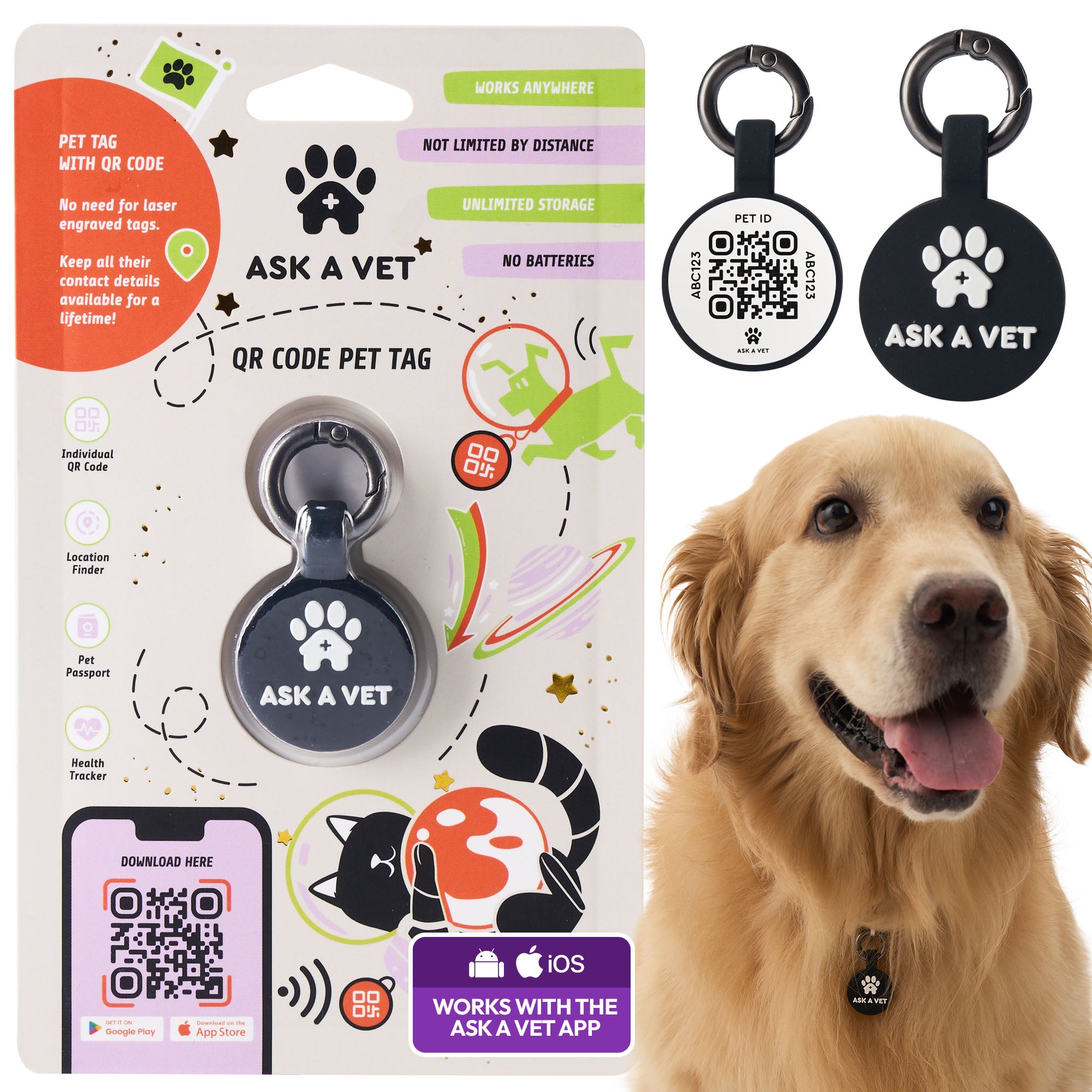 ASK A VET Classic Logo Pet ID Tag – Black & White Round – NFC & QR Code Silicone Dog & Cat Tag – Hanging & Slide-On Digital Smart Tag – Waterproof, No Battery