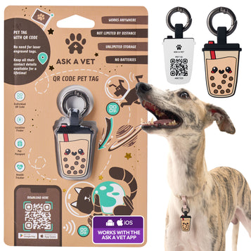 ASK A VET Bubble Tea Pet ID Tag – NFC & QR Code Silicone Dog & Cat Tag – Hanging & Slide-On Digital Smart Tag – Waterproof, No Battery