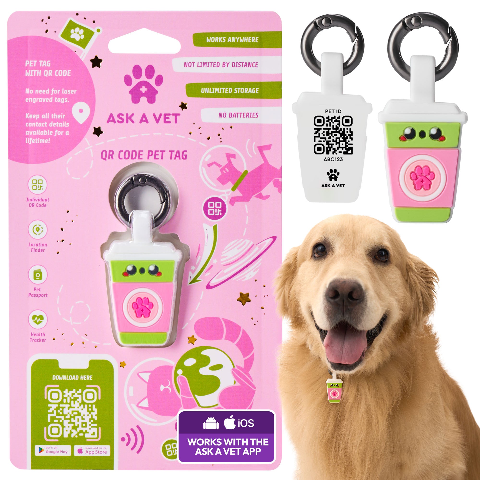 ASK A VET Sakura Matcha Latte Pet ID Tag – NFC & QR Code Silicone Dog & Cat Tag – Hanging & Slide-On Digital Smart Tag – Waterproof, No Battery