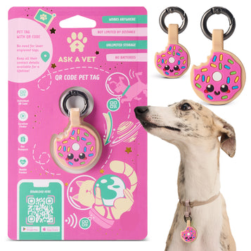 ASK A VET Donut Pet ID Tag – Pink Icing & Rainbow Sprinkles – NFC & QR Code Silicone Dog & Cat Tag – Hanging & Slide-On Digital Smart Tag – Waterproof