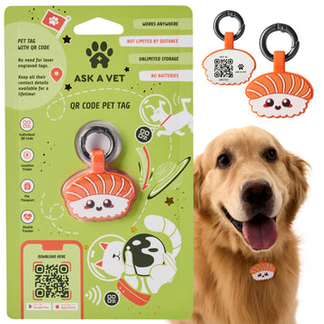 ASK A VET Salmon Sushi Pet ID Tag – NFC & QR Code Silicone Dog & Cat Tag – Hanging & Slide-On Digital Smart Tag – Waterproof, No Battery