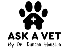 Logo for 'Ask a Vet by Dr. Duncan Houston' with paw print and cross symbol on a white background.