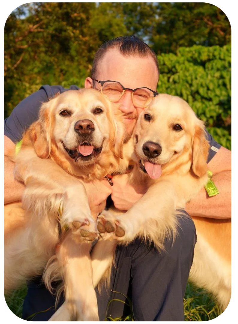 Man holding two golden retrievers outdoors with greenery in the background
